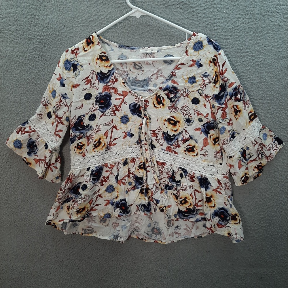 Maurices Shirt Womens Medium Multicolor Floral Blouse Crochet Cottagecore‎ Fairy